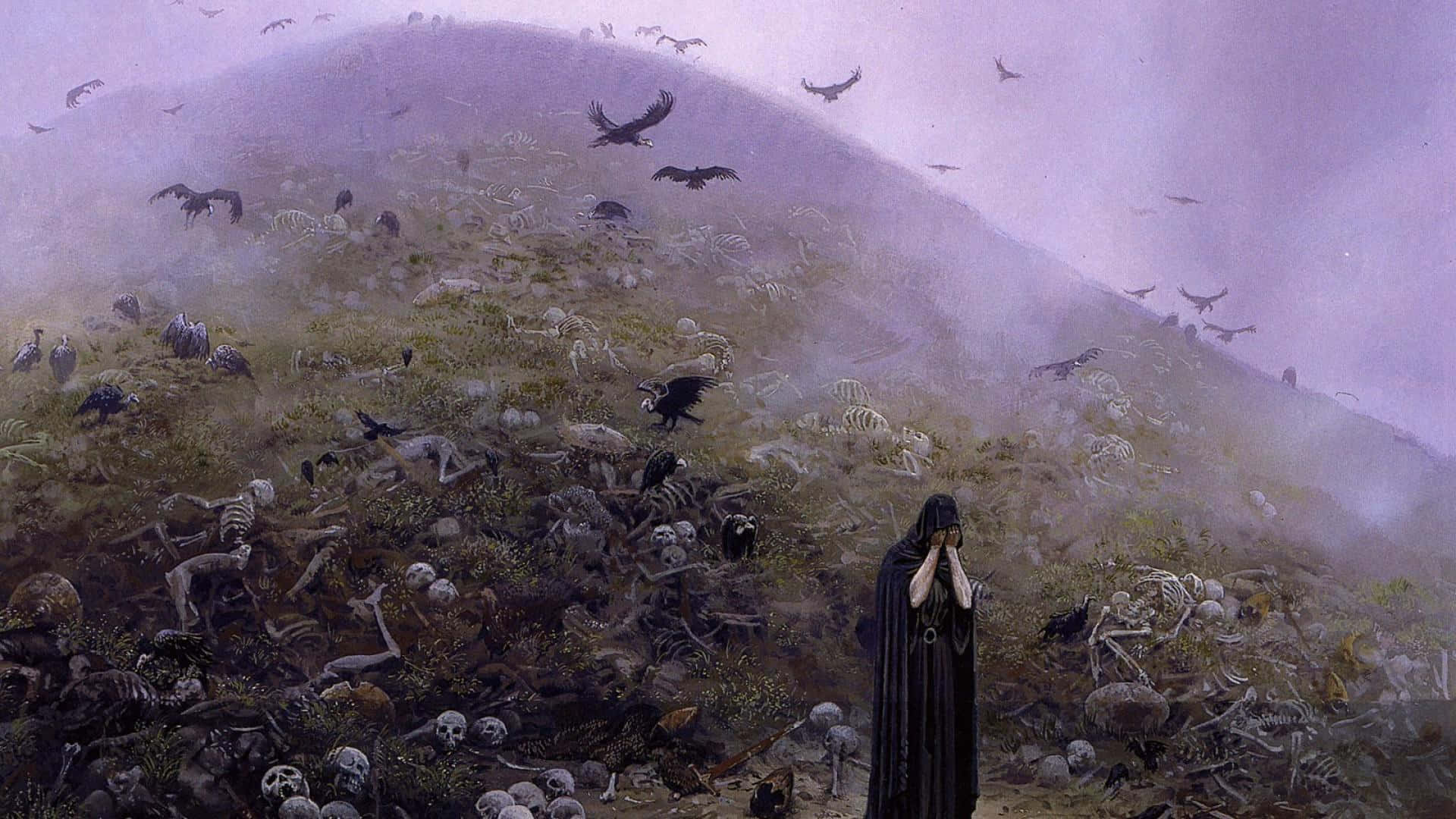 A Painting Of A Woman Standing In A Field Of Skeletons