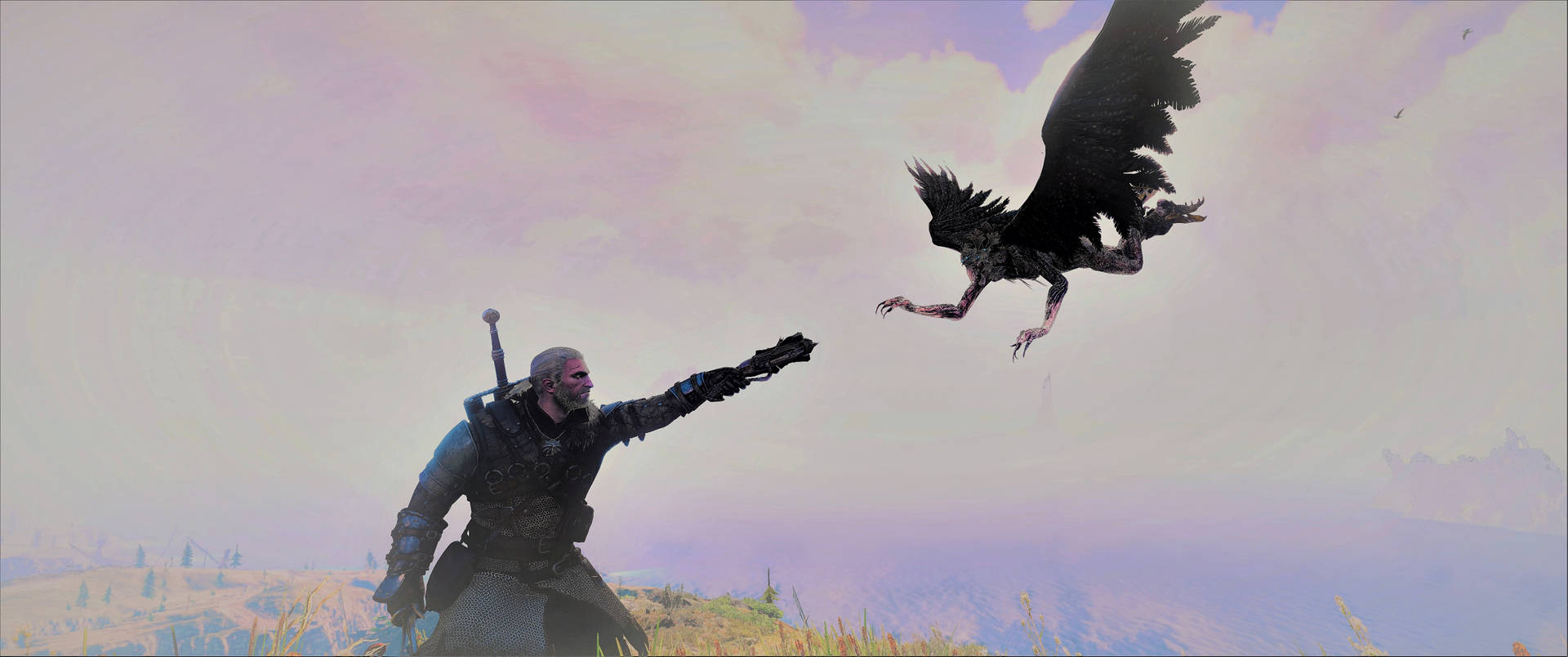 Taking Flight! Geralt Prepares for Attack From a Griffin in The Witcher 3 Wild Hunt Wallpaper