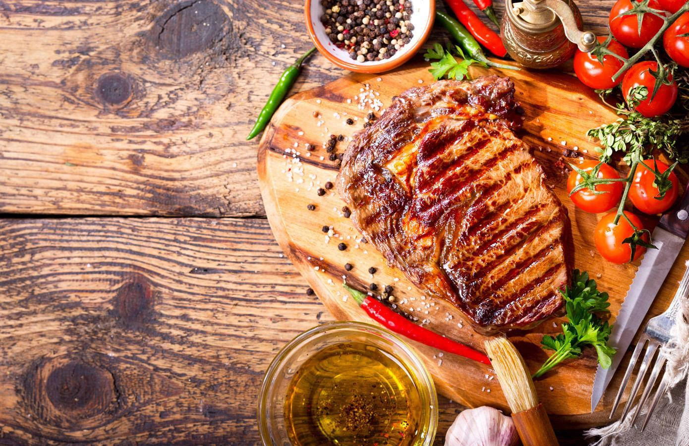 Grilled Steak Meat Wood Board Wallpaper