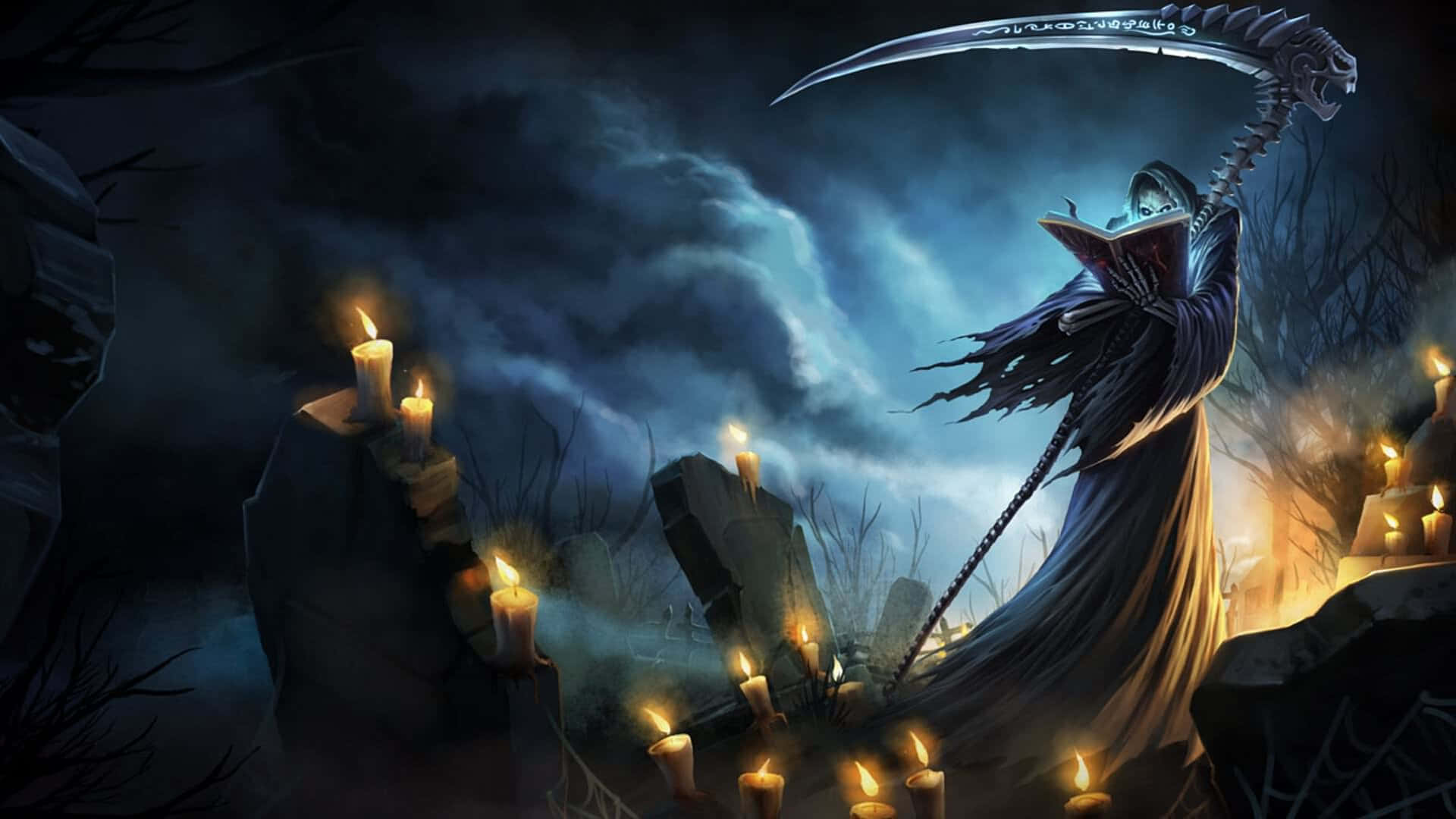 Grim Reaper Standing in Foggy Darkness