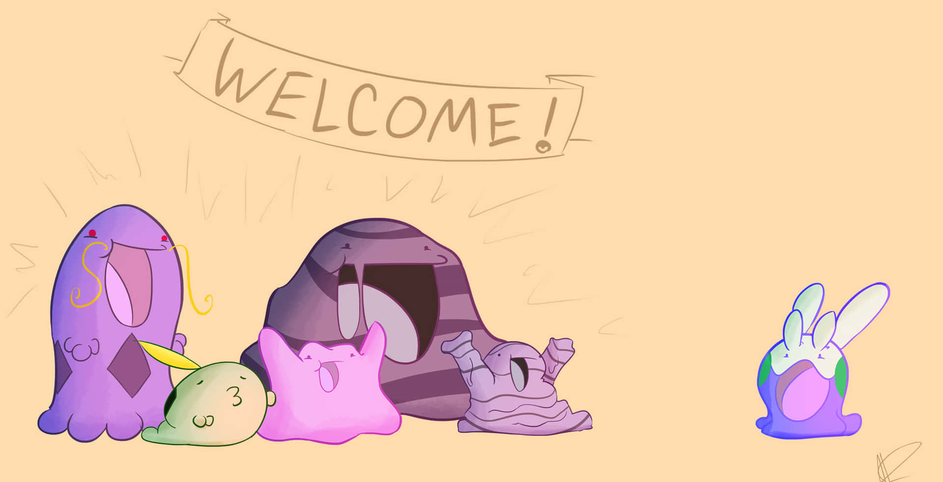 Grimer And Ooze Pokemon Welcoming Goomy Wallpaper