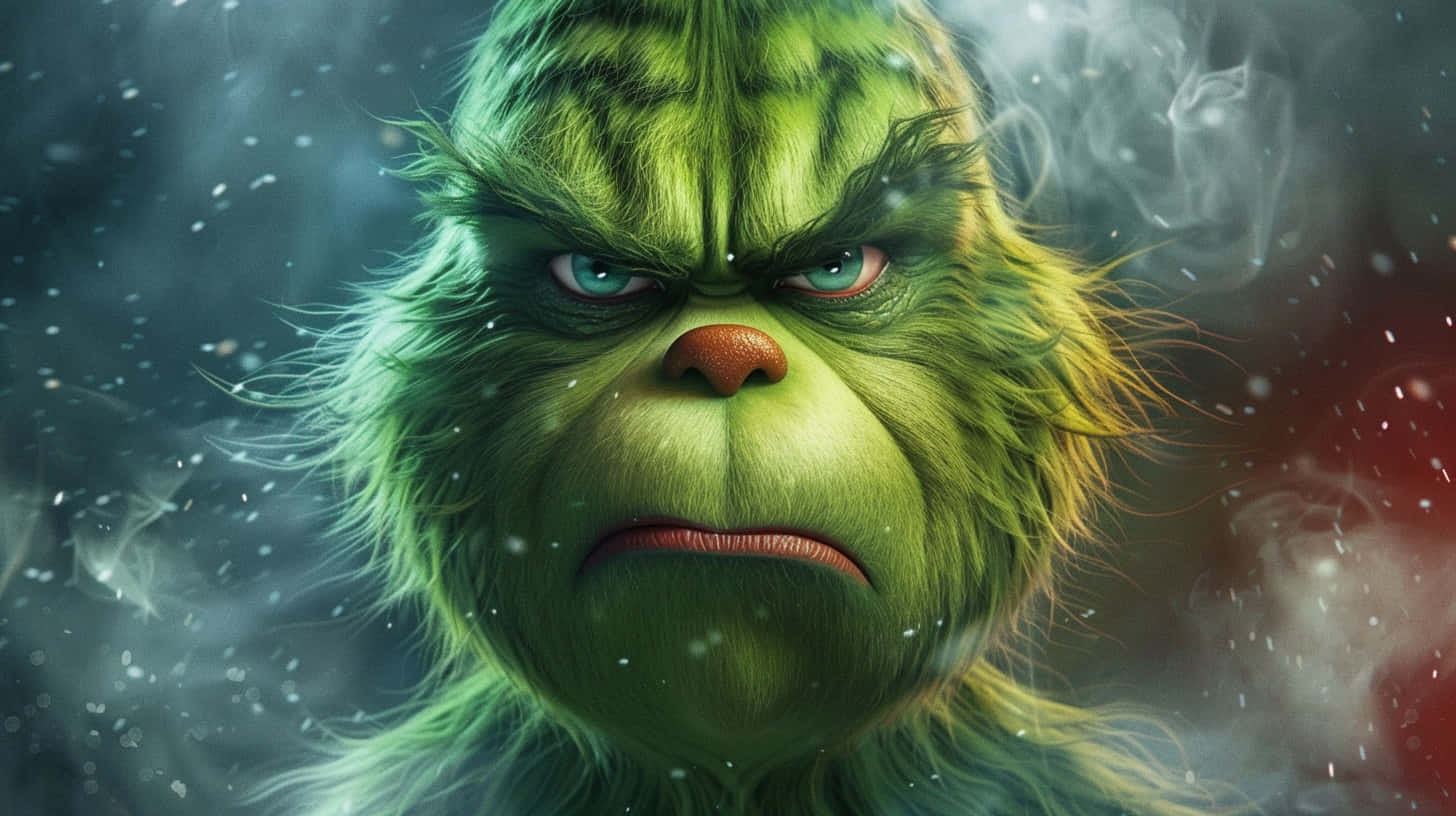 Grinch Face Closeup Snowy Background Wallpaper