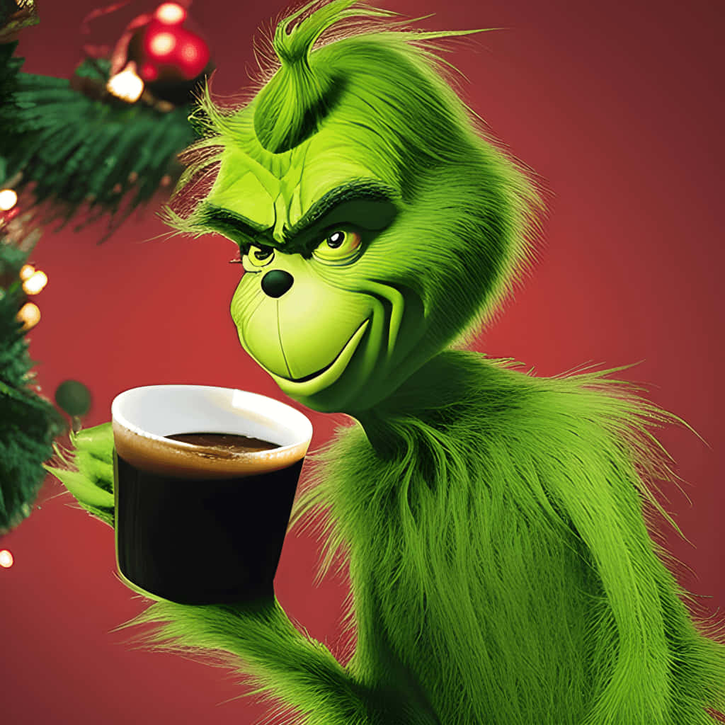 Grinch Holding Coffee Holiday Vibes.jpg Wallpaper