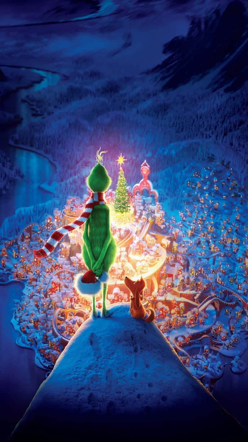 Grinch Overlooking Whoville Christmas Wallpaper
