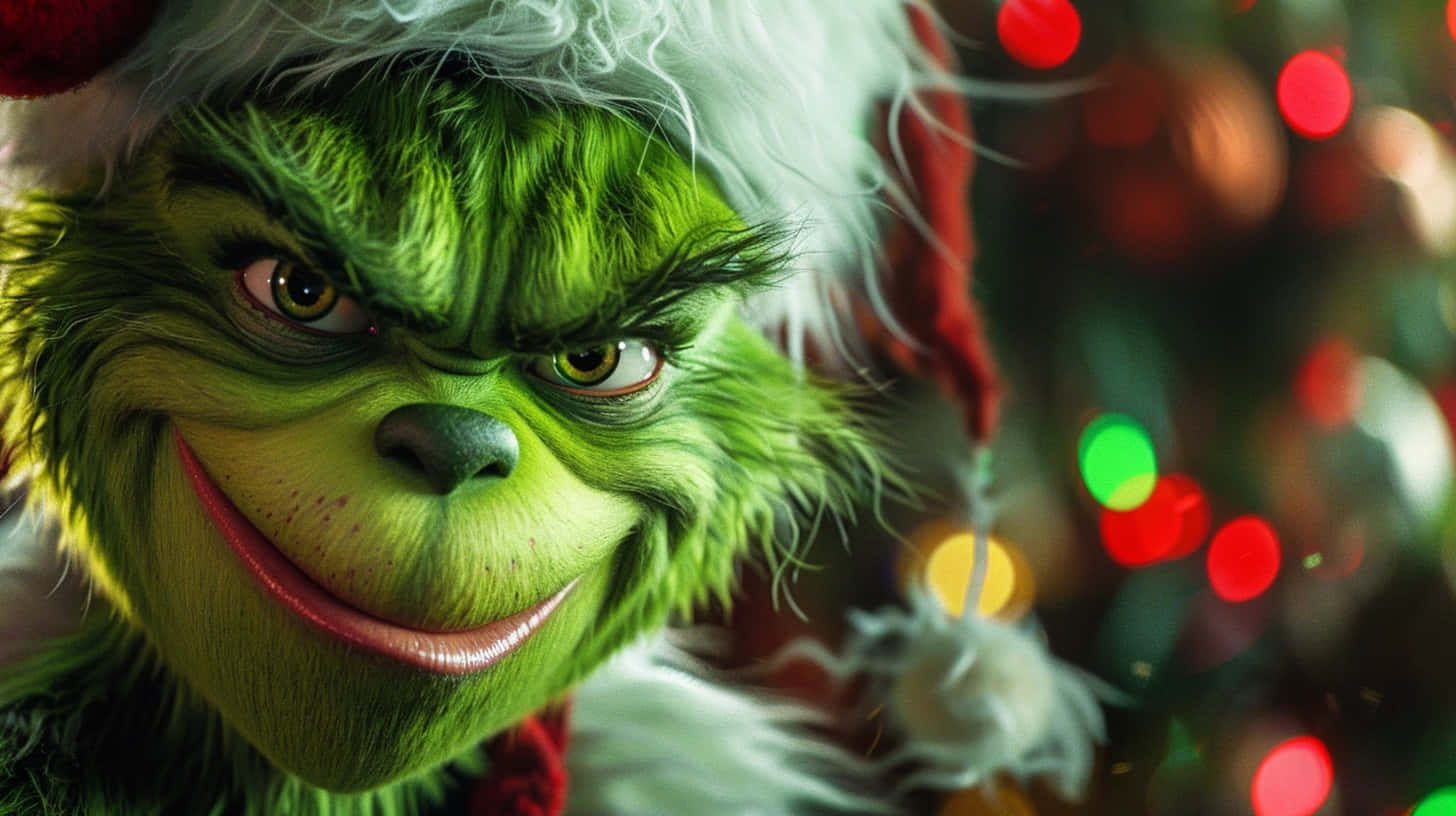 Grinch Smiling Christmas Lights Background Wallpaper