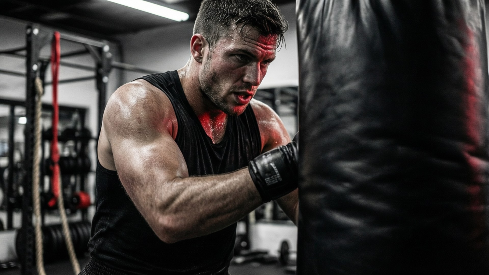 Brandon Royval intensely training on a heavy bag in the gym