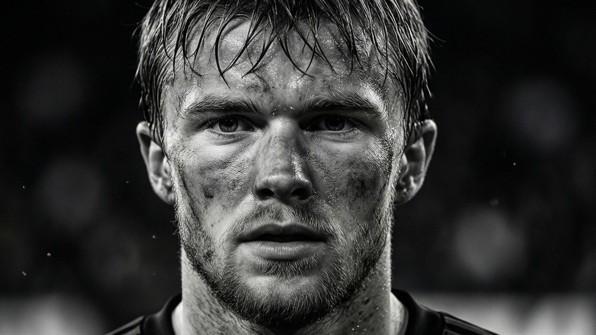 Svart-hvitt gritty portrett av Erling Haaland med svette og skitt