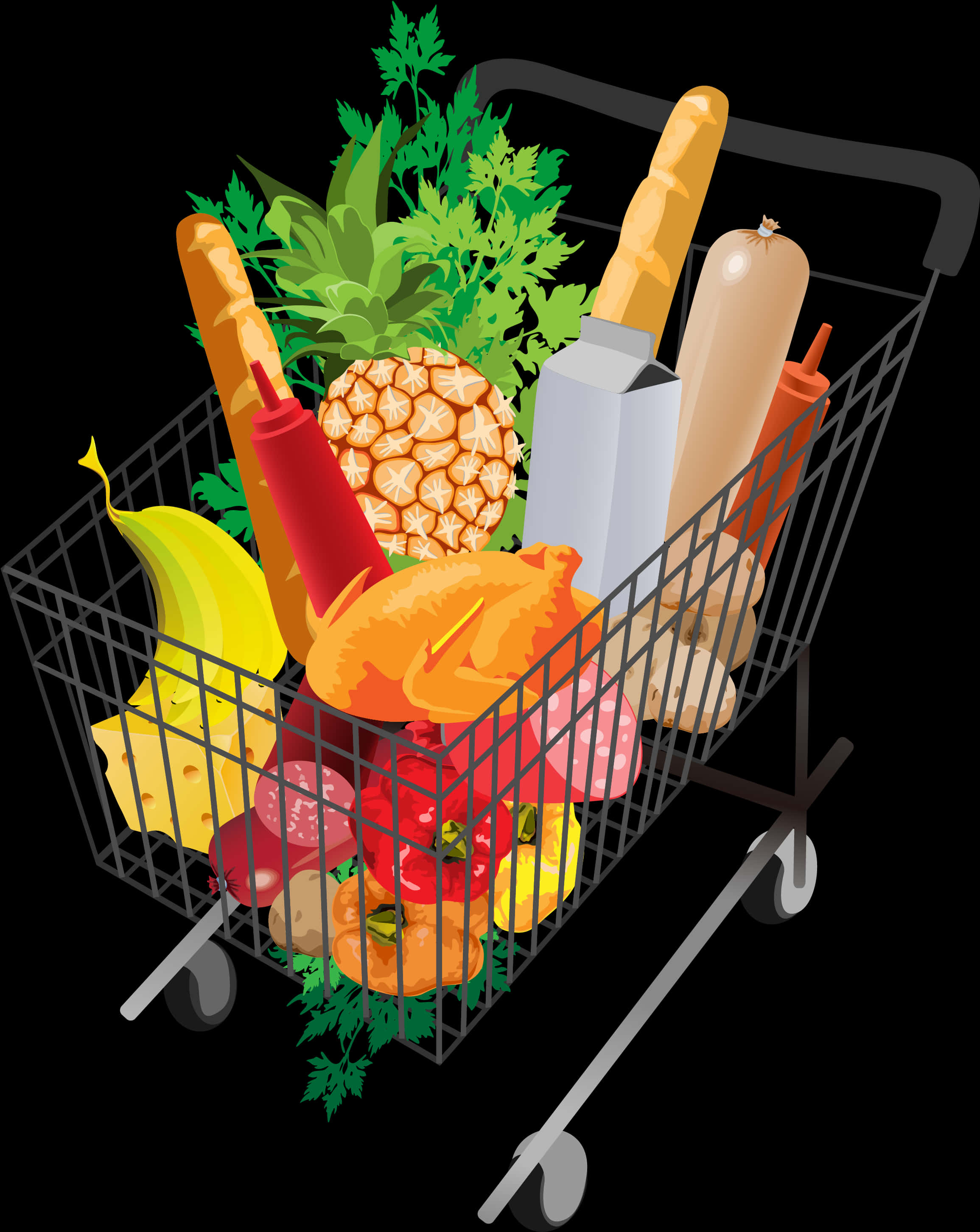 Grocery Shopping Cart Fullof Food Items.jpg PNG