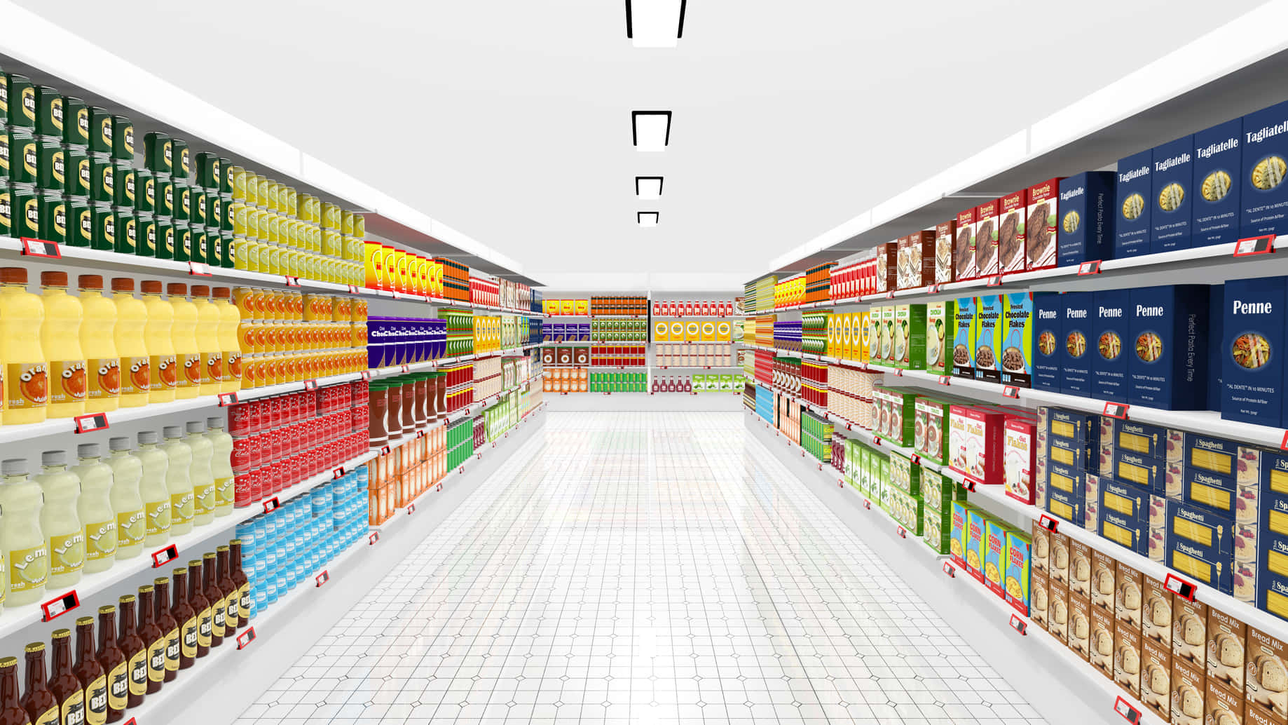 A Supermarket Aisle With Many Different Kinds Of Food