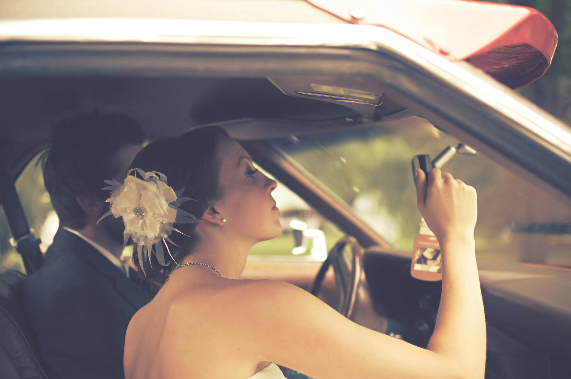 Groom And Bride In The Car Wallpaper