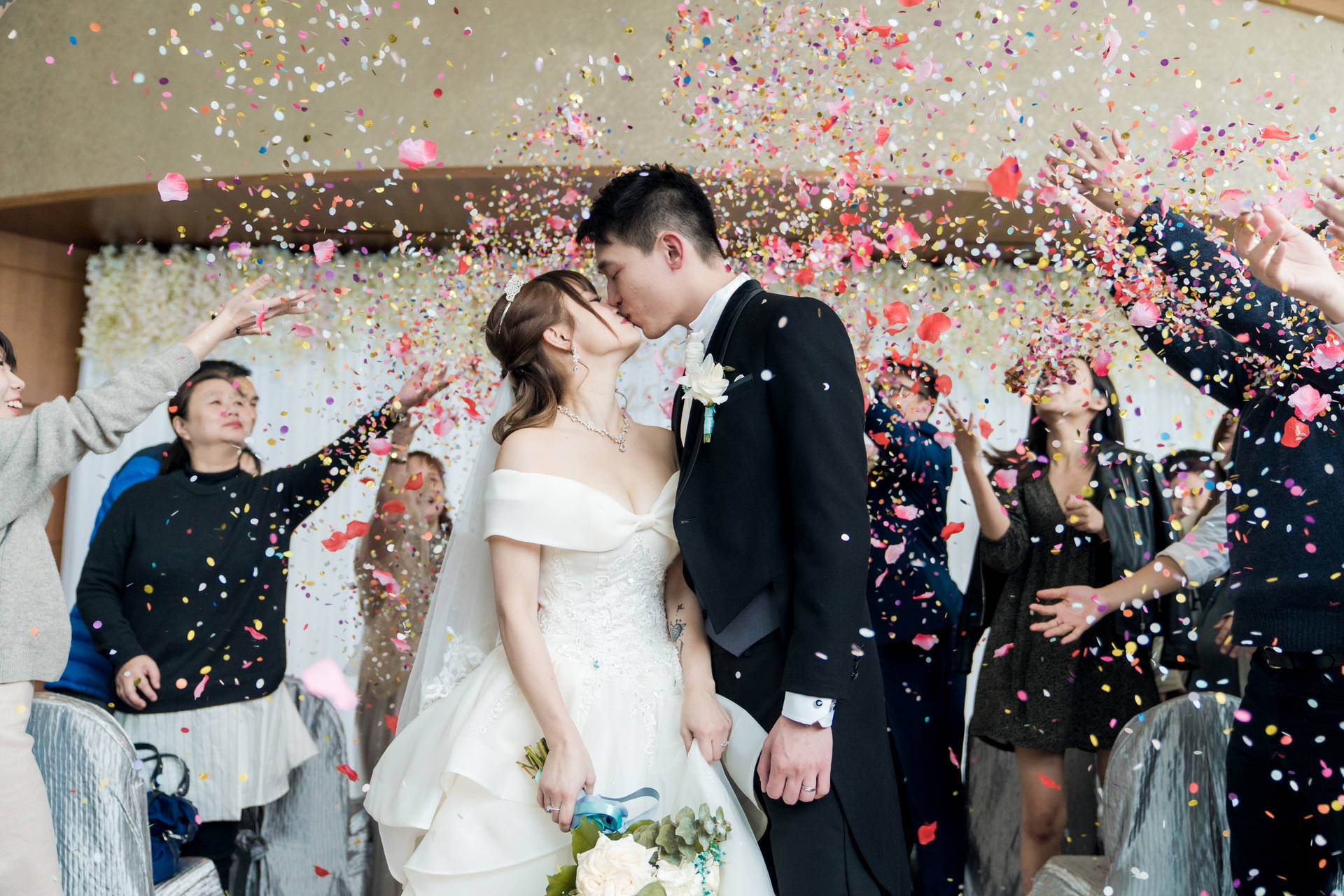 Groom And Bride With Confetti Wallpaper