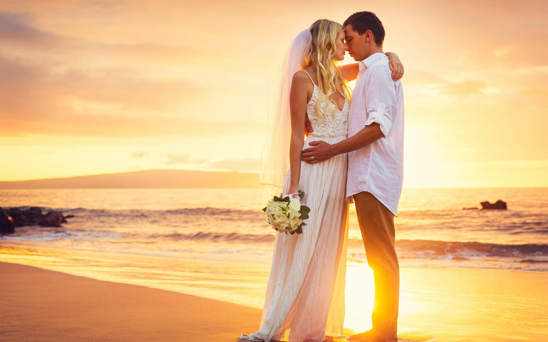 Groom With Bride In Beach Wallpaper