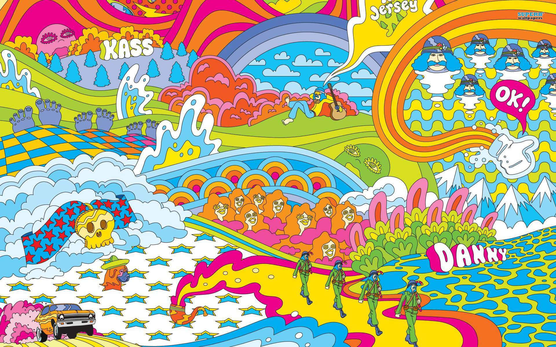 Retro Groovy og Psykedelisk Hippie Digital Kunstværk Komplet Tapet Wallpaper
