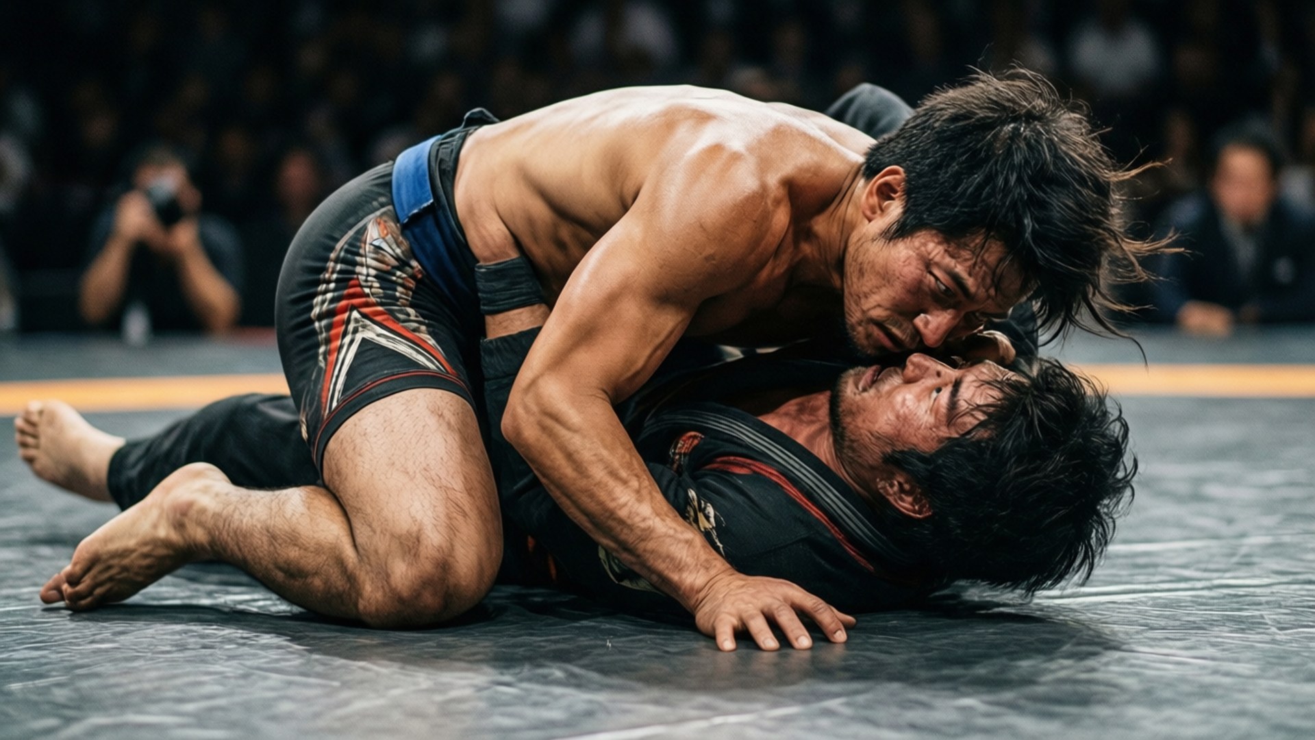 Yushin Okami werkt aan een submission op de grond