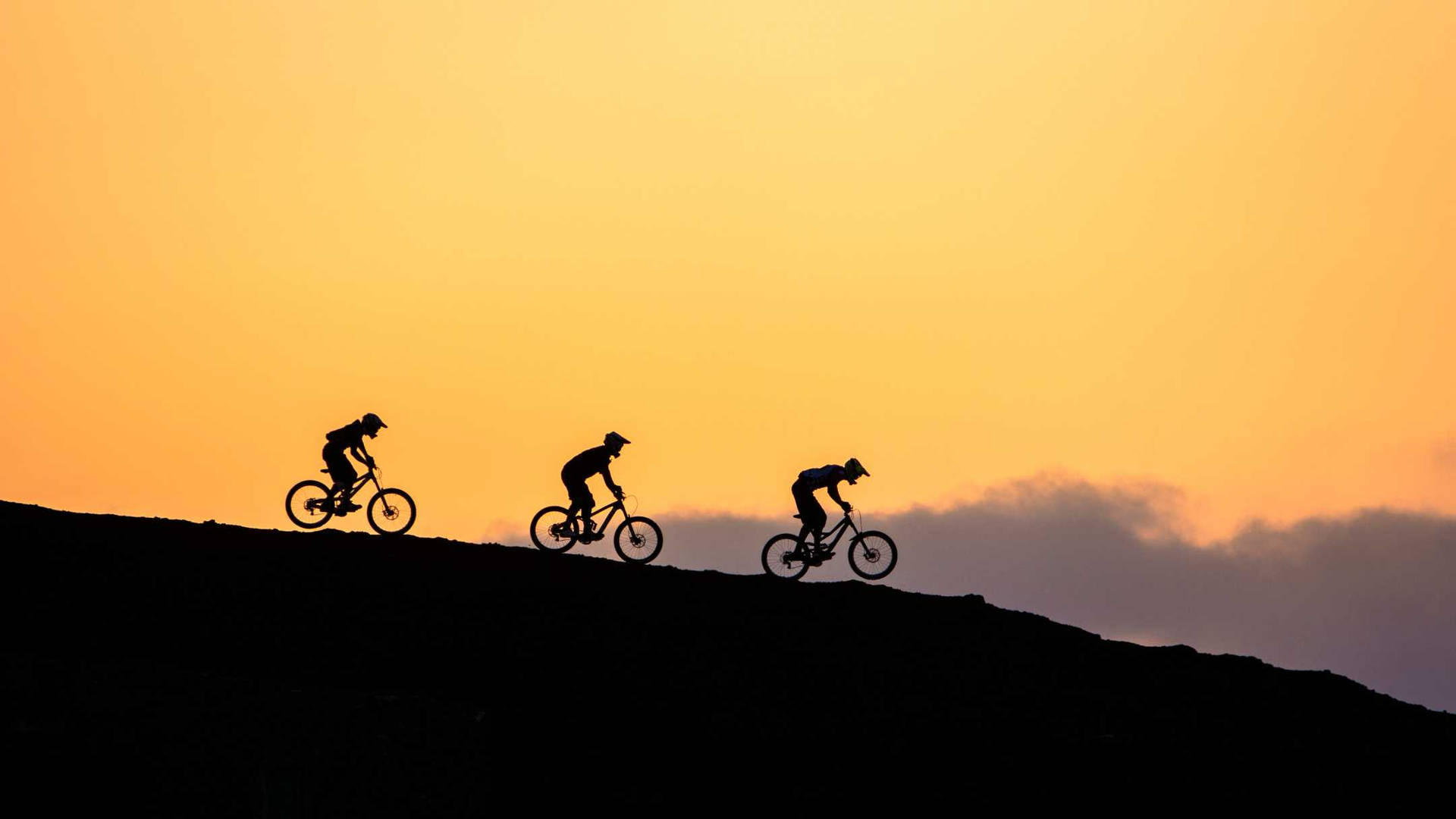 Group Of Cyclists Hillside Mountain Biking Silhouette Wallpaper