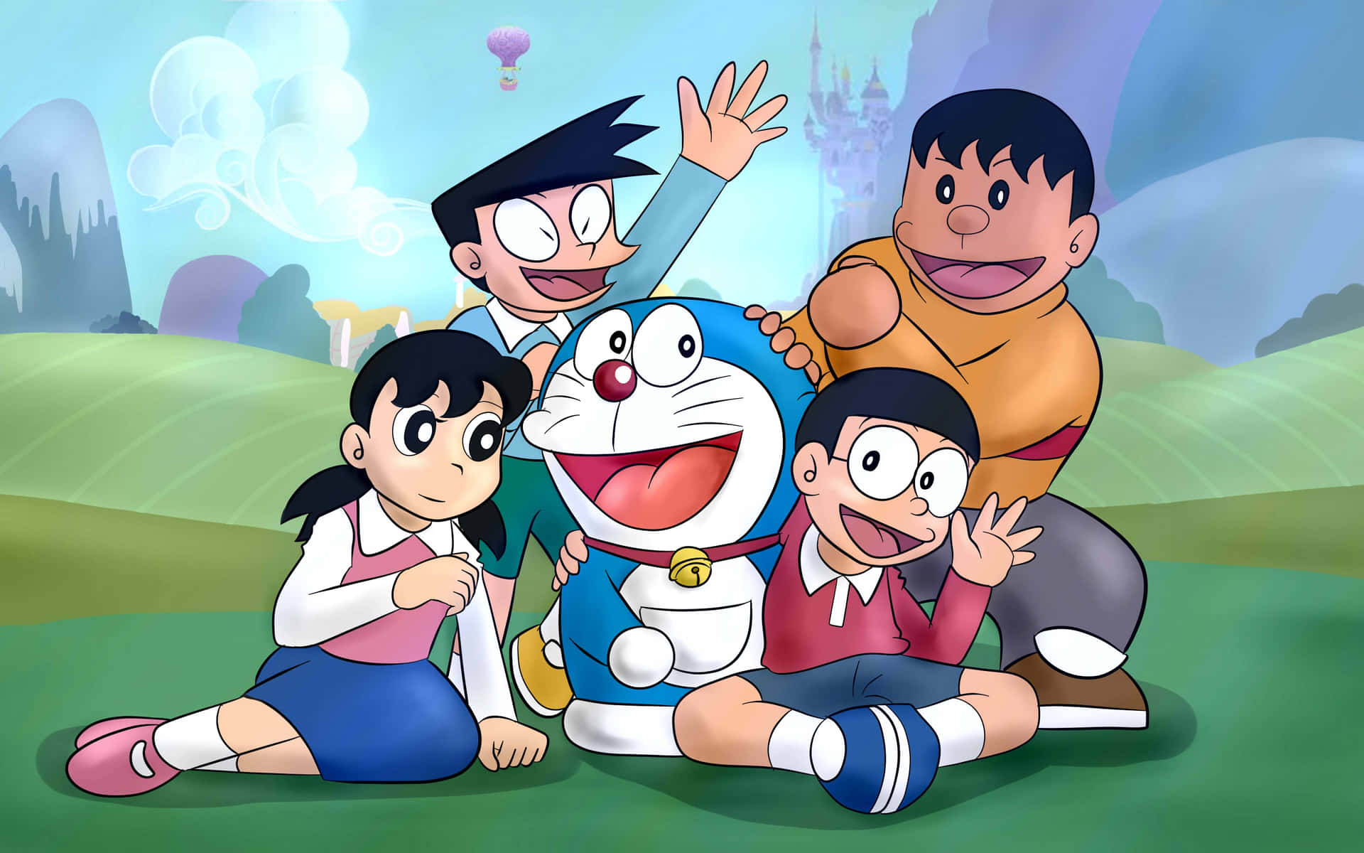 Doraemontecknade Figurer Poserar Framför Ett Slott.