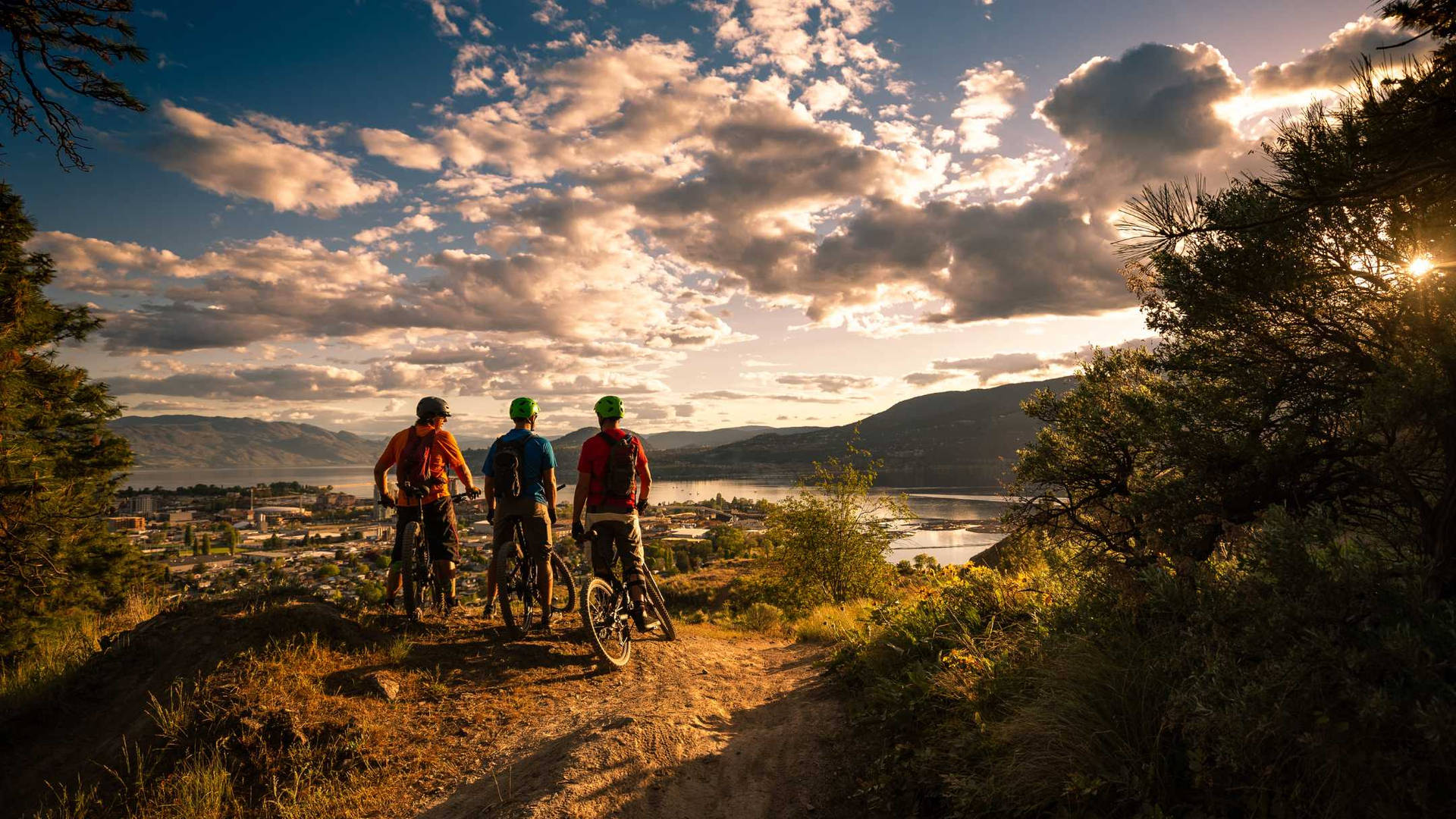 Grupode Amigos Haciendo Ciclismo De Montaña En El Parque Knox Mountain. Fondo de pantalla