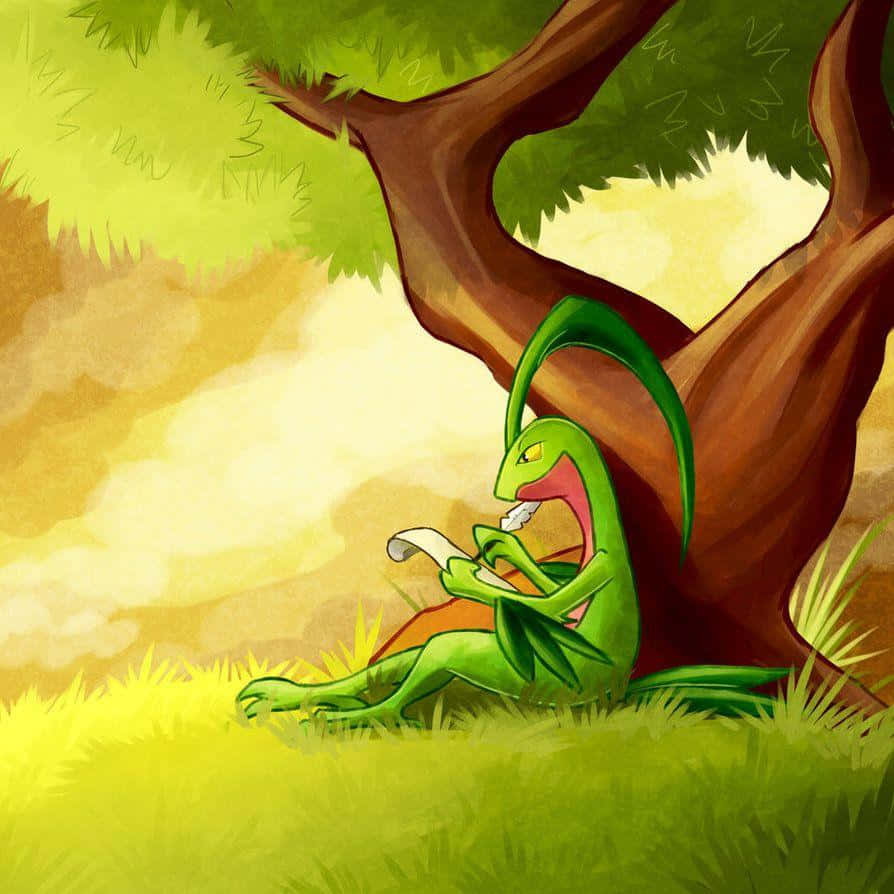 Grovyle Writing Against Tree Wallpaper