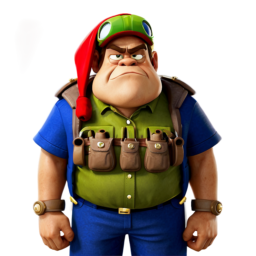 grumpy c PNG — A cartoon soldier with a red hat and green goggles glares angrily while wearing a blue uniform and utility belt.