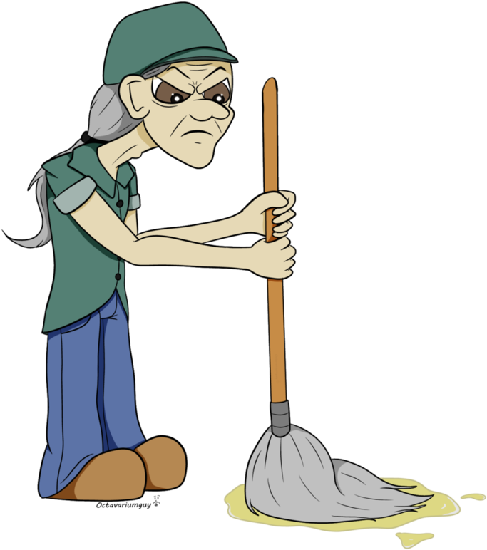 Grumpy Cartoon Janitor Cleaning Spill PNG