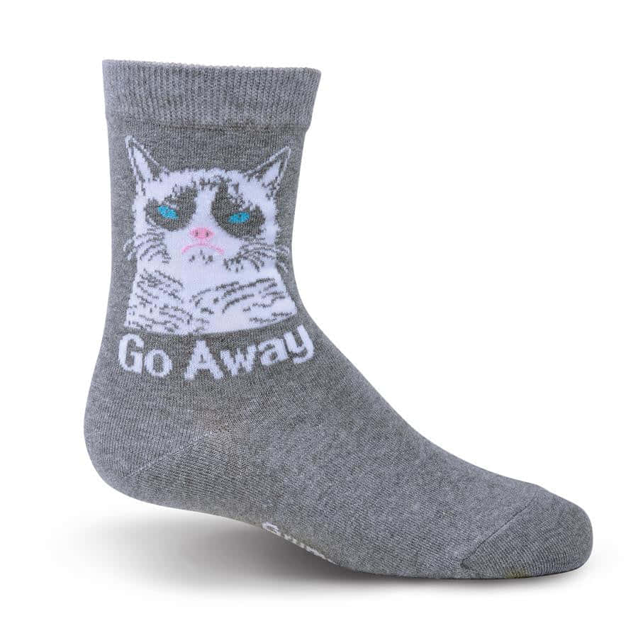 A Grey Sock With A Grumpy Cat On It