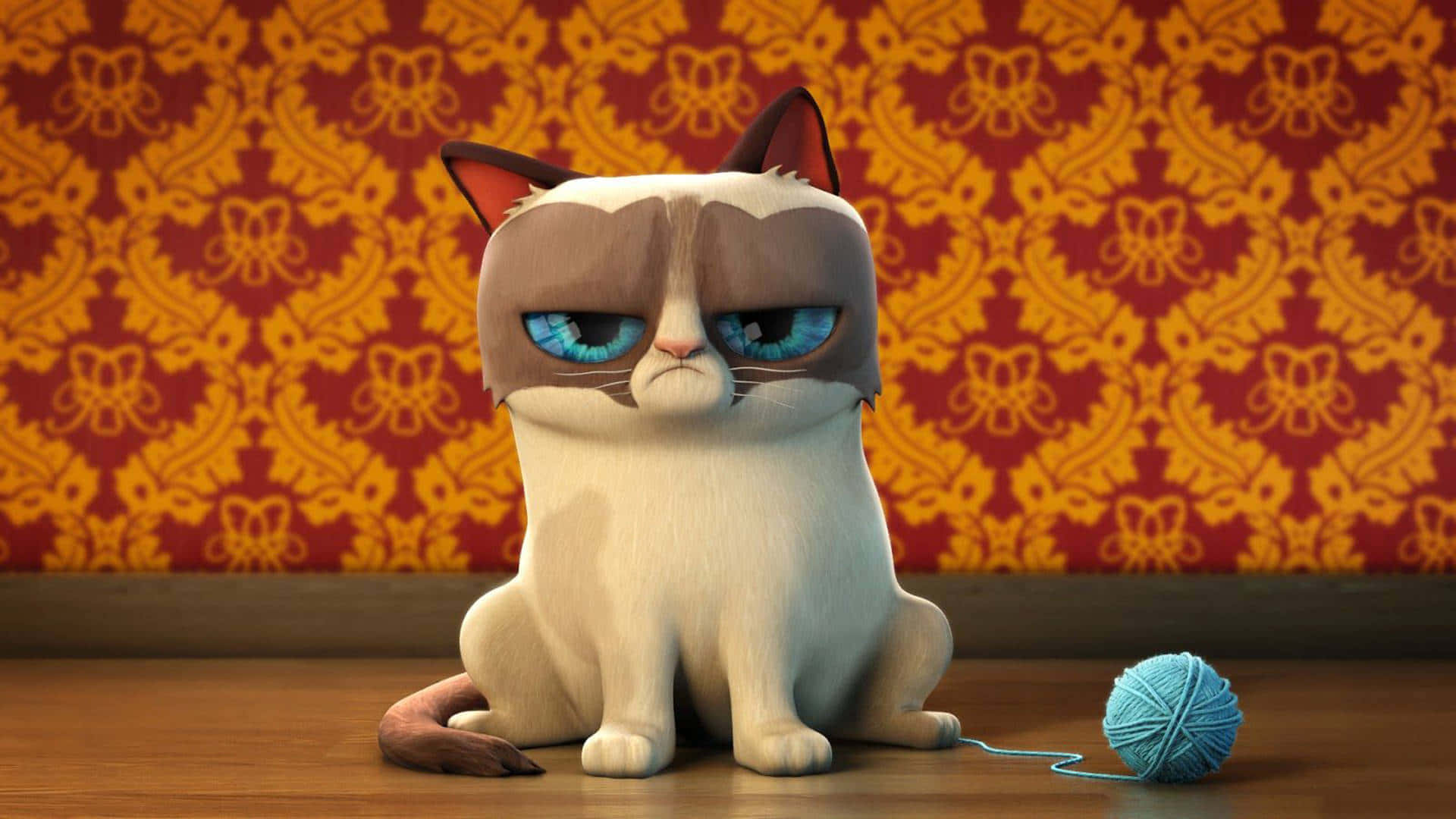 Grumpy Cat Sitting On A Wooden Floor With A Ball Of Yarn