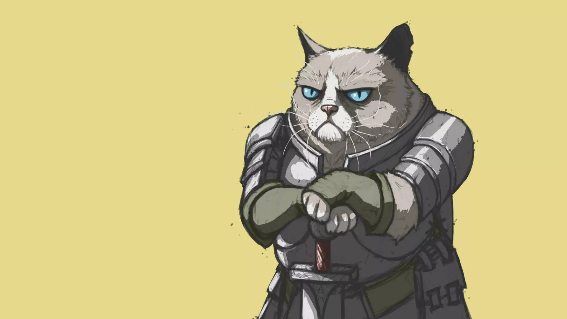 Cat meme wearing a metal steel armor with a grumpy expression.