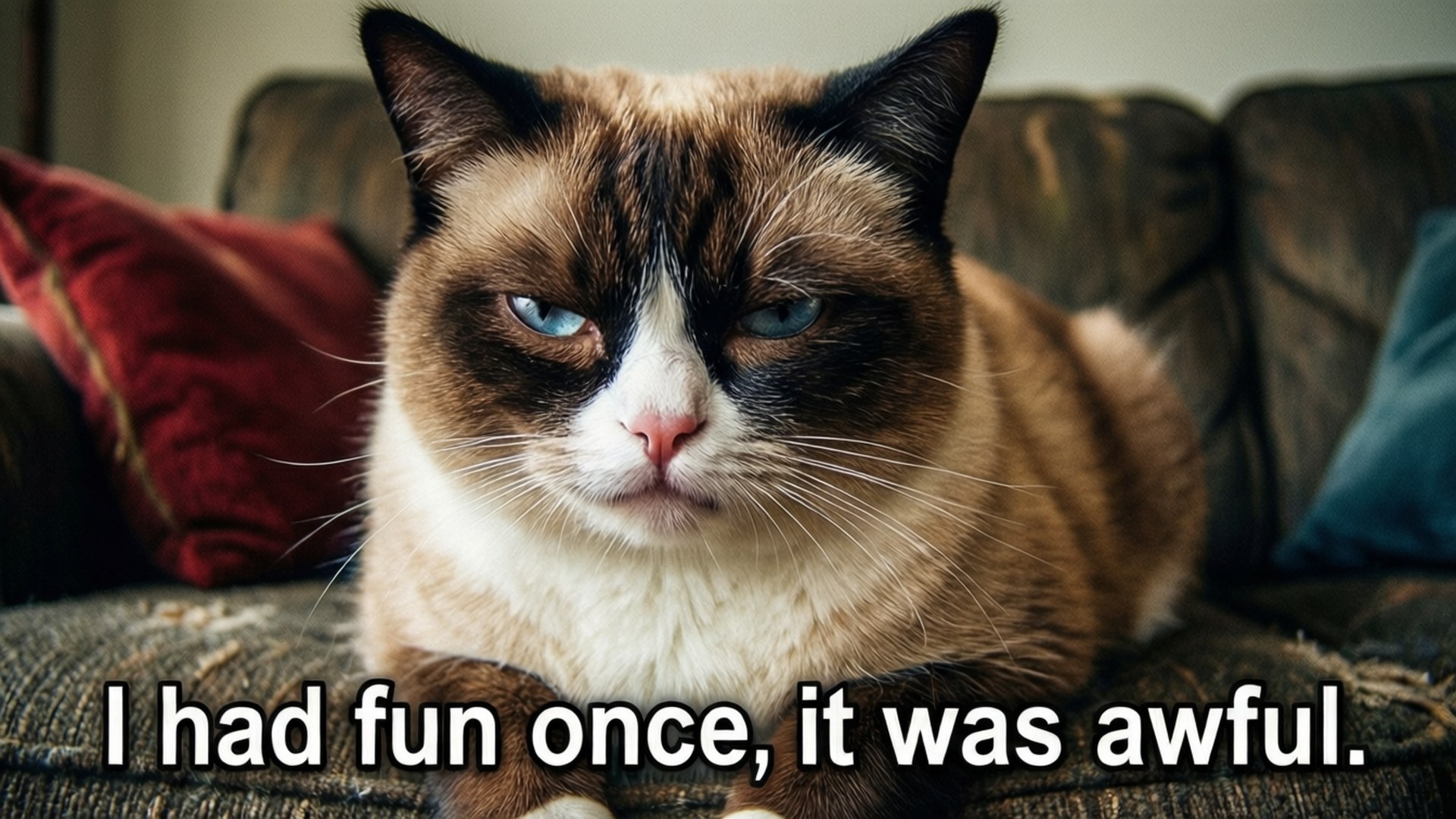 Grumpy Cat meme med klassisk irritert blikk og morsom tekst.