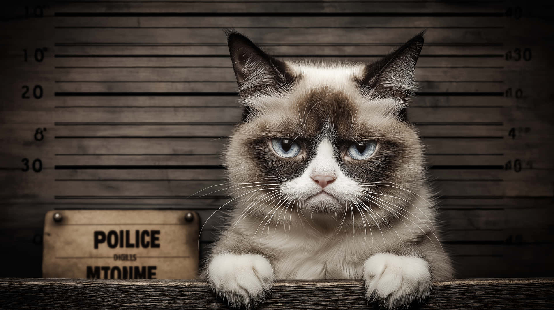 Grumpy Cat's Impassive Police Mugshot With 'poilice' Sign Wallpaper