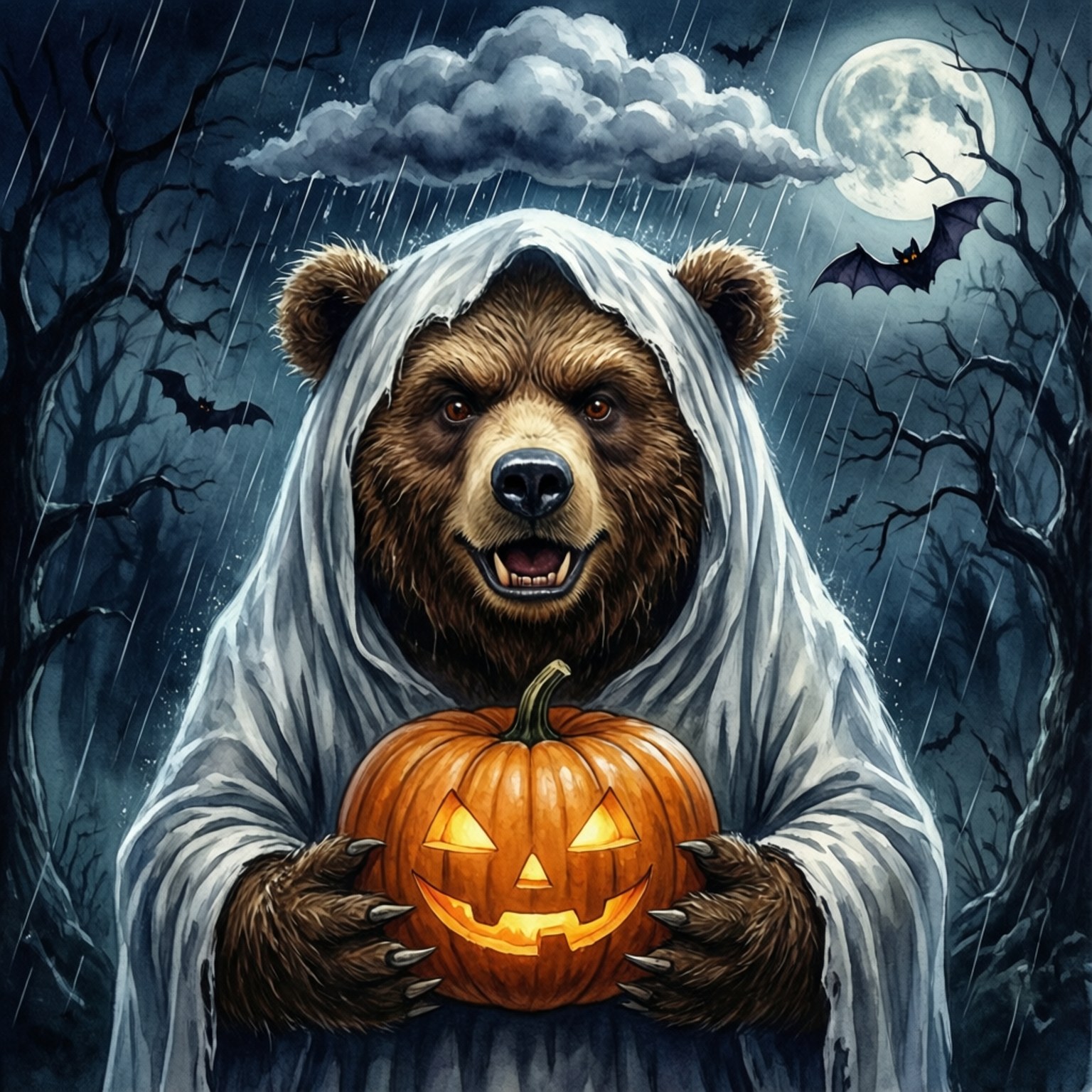En bjørn i et spøgelseskostume holder en tændt jack-o'-lanterne i en regnfuld skov om natten.