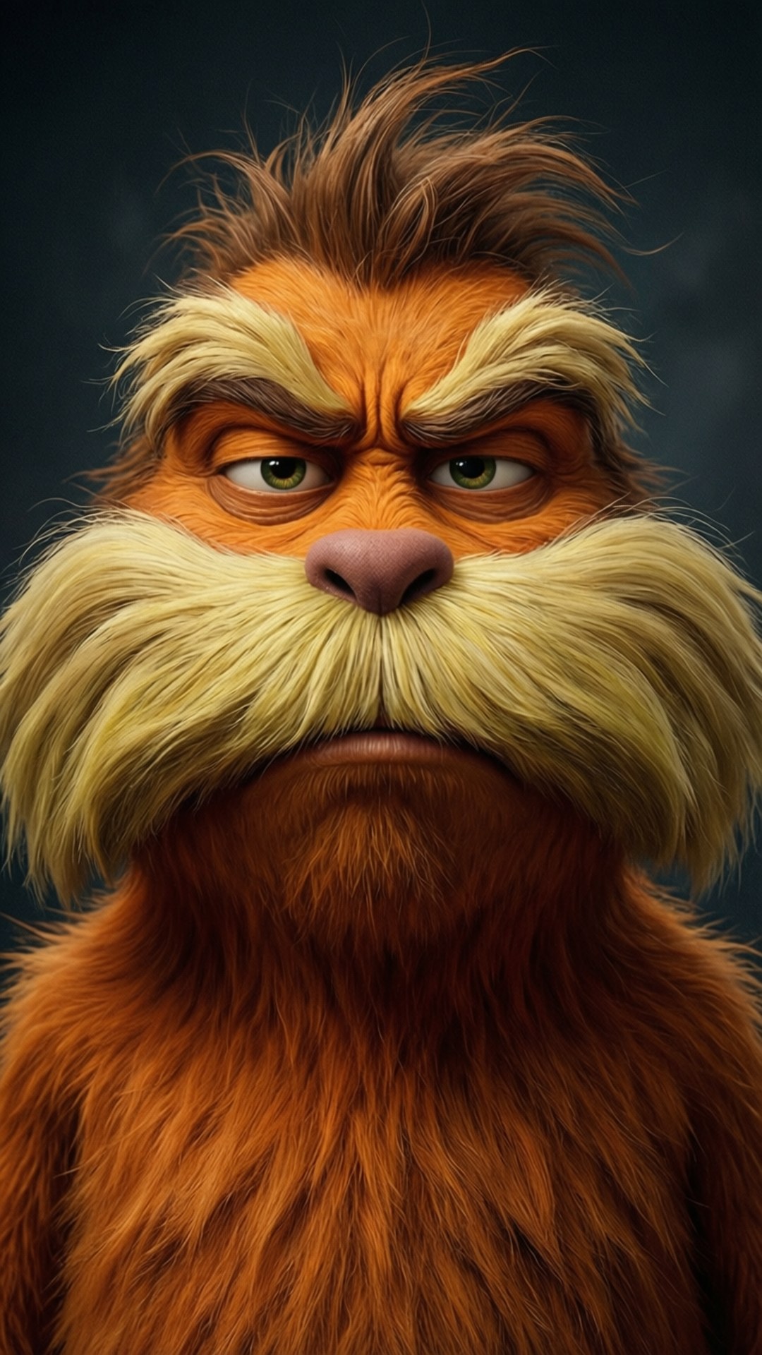 Detailed portrait of a grumpy Lorax with iconic mustache.