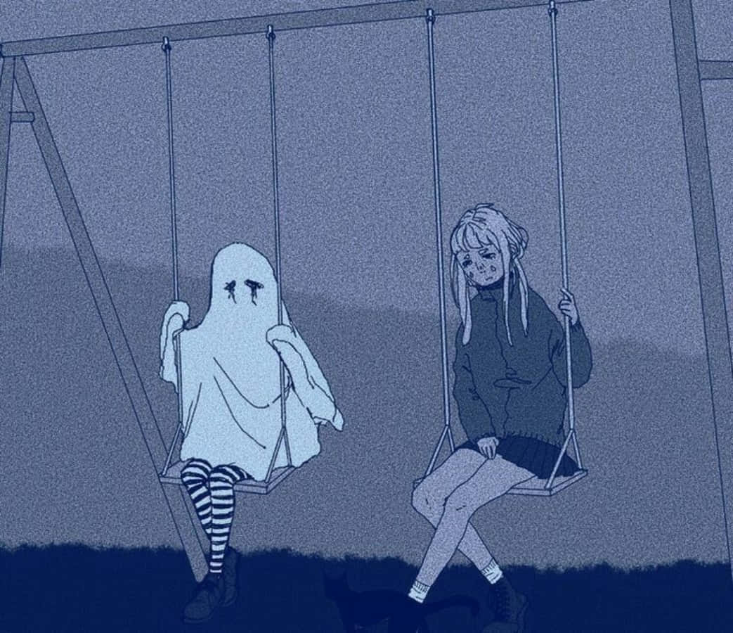Grunge Anime Girl And Ghost On Swing Wallpaper