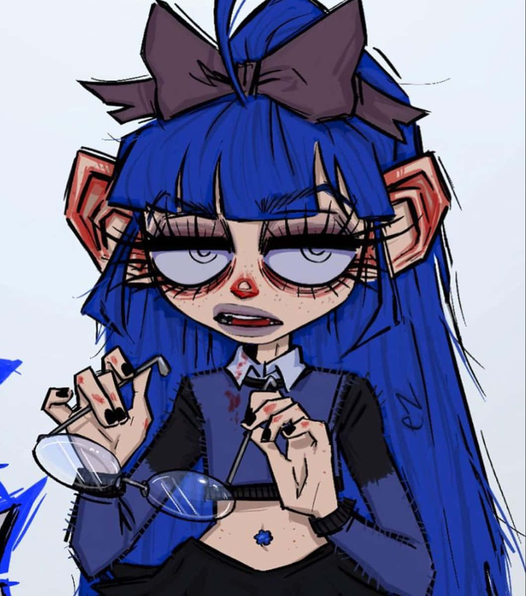 En pige med blåt hår og briller holder et blyant. Wallpaper