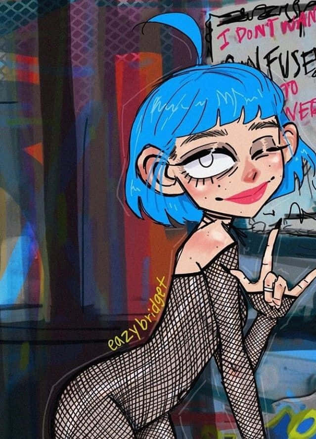 Grunge Cartoon Fishnet Clothes Blue Hair Wallpaper