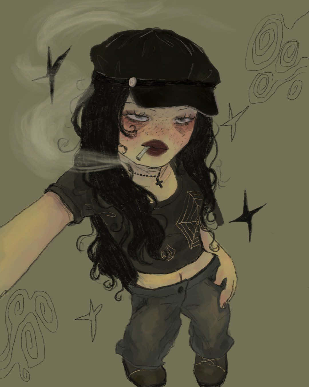 Grunge Cartoon Black Hair Girl Smoking Wallpaper