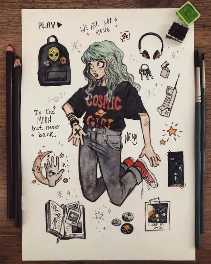 Grunge Cartoon Drawing Cosmic Girl Wallpaper