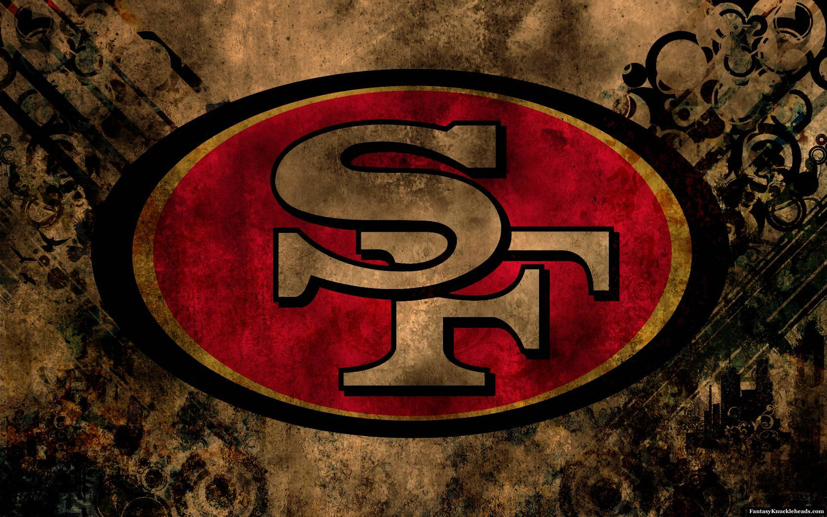 A grungy royal pattern featuring the iconic San Francisco 49ers logo. Wallpaper
