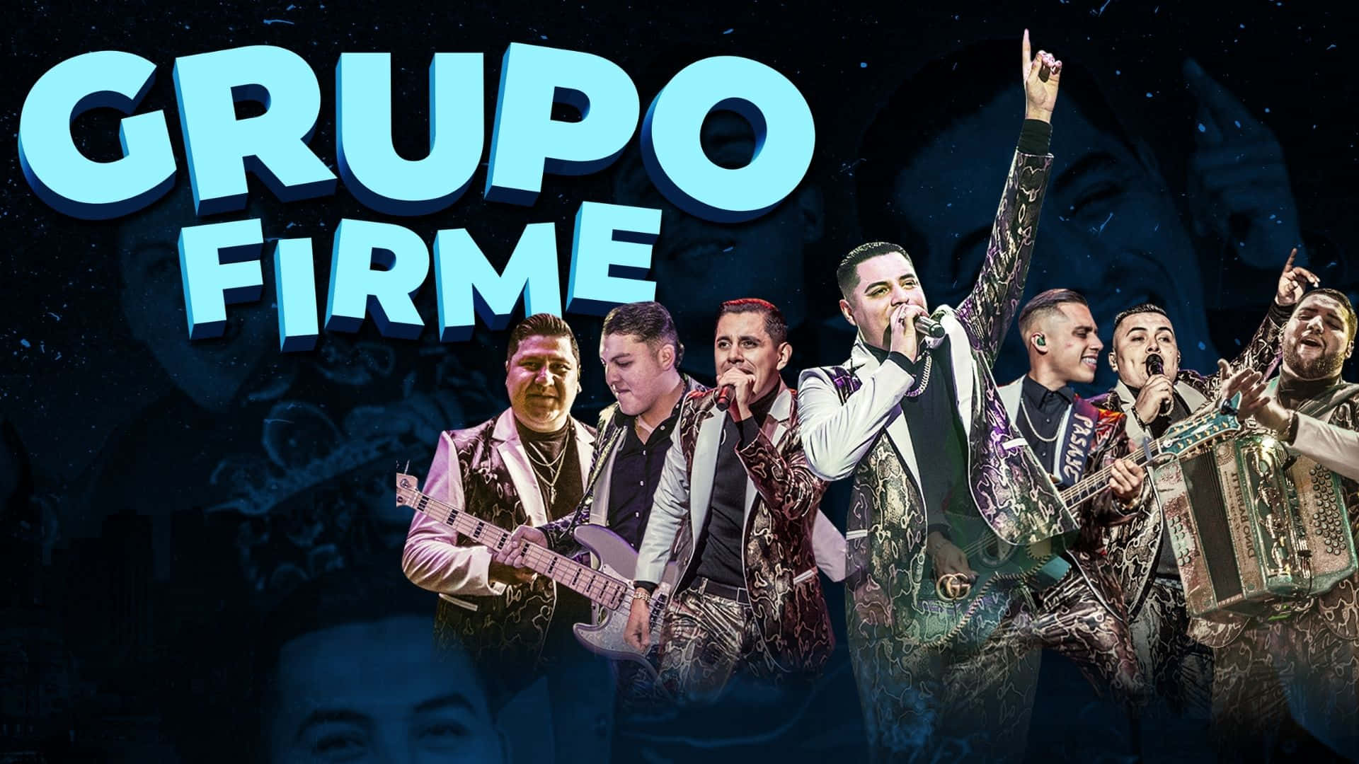 Groupo Firme - A Group Of Musicians In Front Of A Blue Background Wallpaper
