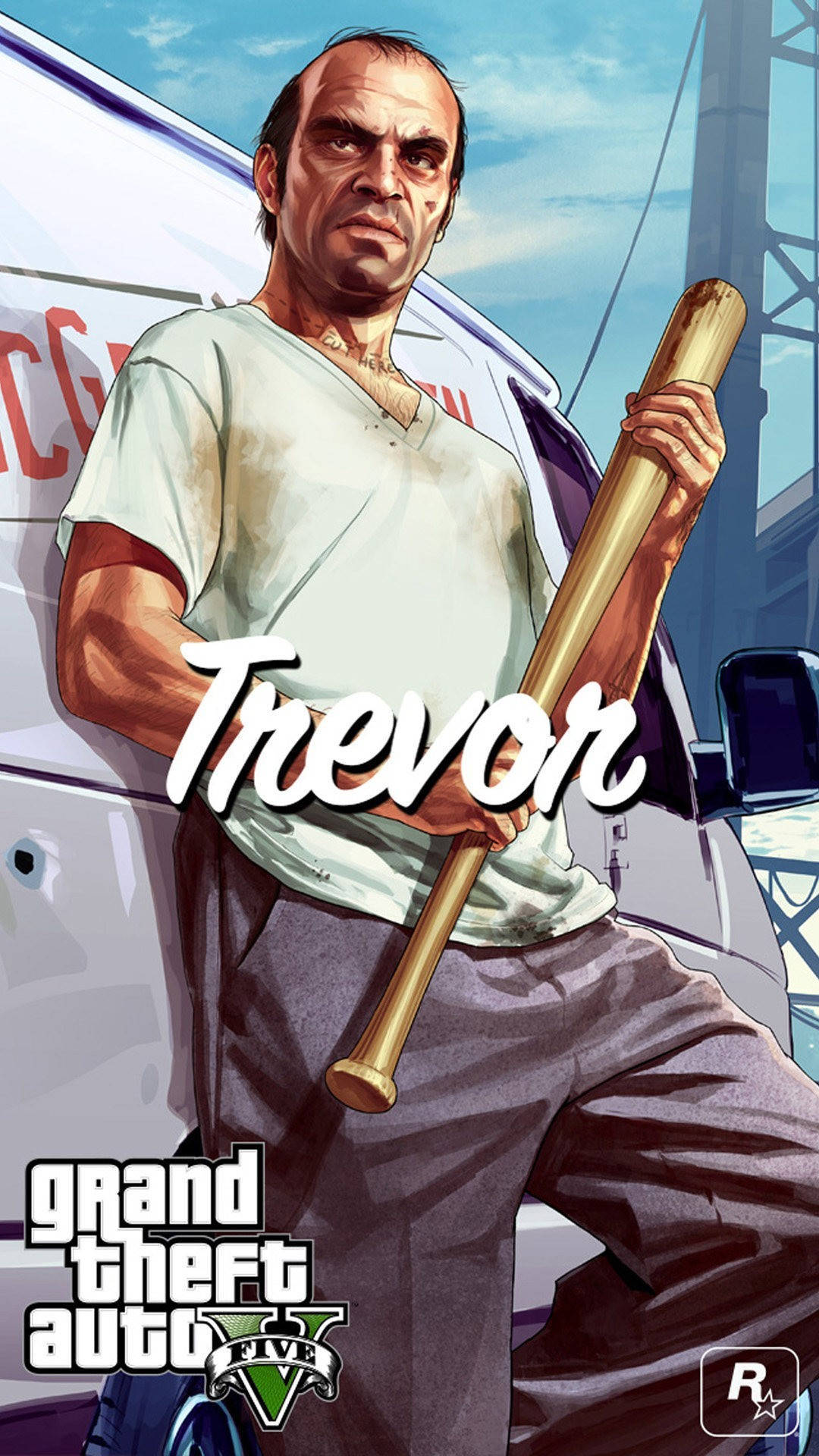 En mand holder en baseball bat foran en varevogn Wallpaper