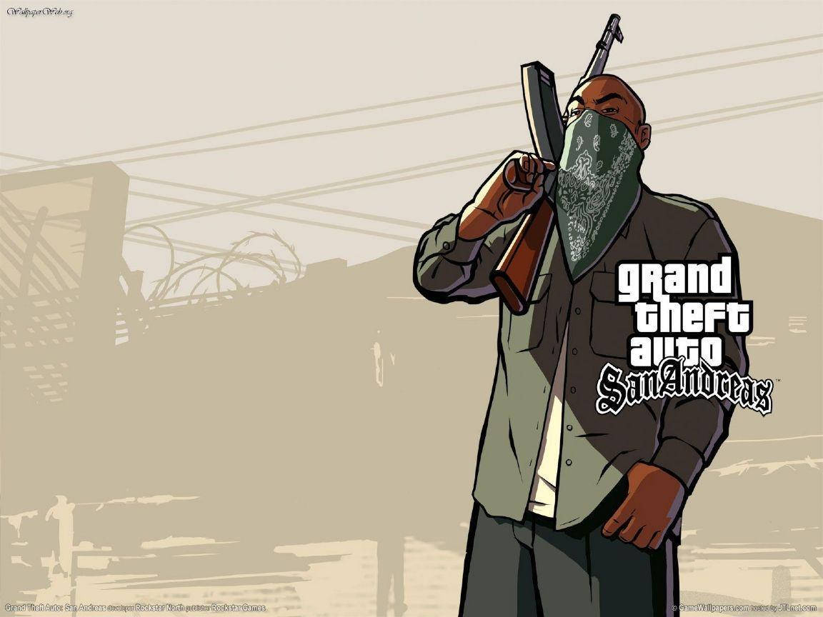 GTA San Andreas Mand Med En Gun Motiv: Drej skærmen ned for et actionfyldt baggrundsbillede. Wallpaper