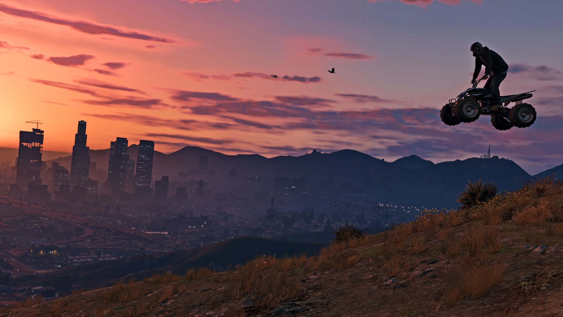 Maze Bank Tower skyline dominates the night in GTA V 4K Wallpaper