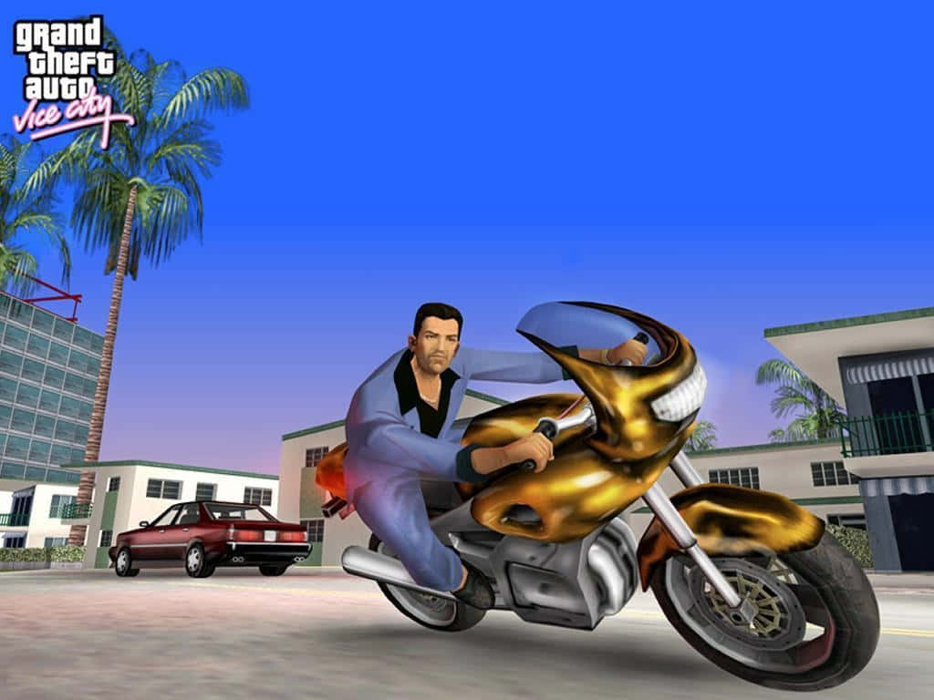 Gta Vc Biker Tommy Vercetti Is A Popular Computer Game And Mobile Wallpaper Featuring The Iconic Character From The Grand Theft Auto Vice City Video Game. If You're A Fan Of The Game Or The Character, You Can Set This Wallpaper As Your Computer Or Mobile Background To Show Your Support. With This Wallpaper, You Can Always Have Your Favorite Video Game Character With You Wherever You Go! So, Don't Hesitate And Download The Gta Vc Biker Tommy Vercetti Wallpaper Today! Wallpaper