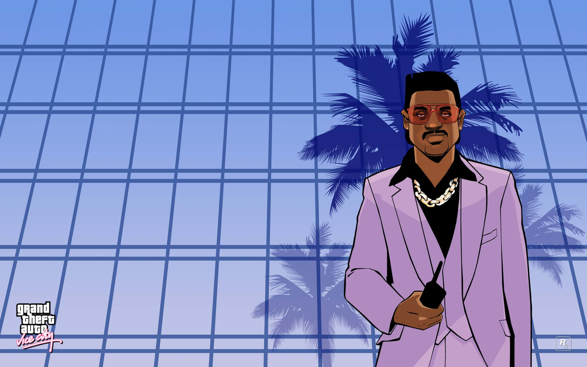 En tegneserie mand i jakkesæt stående foran palmtræer Wallpaper