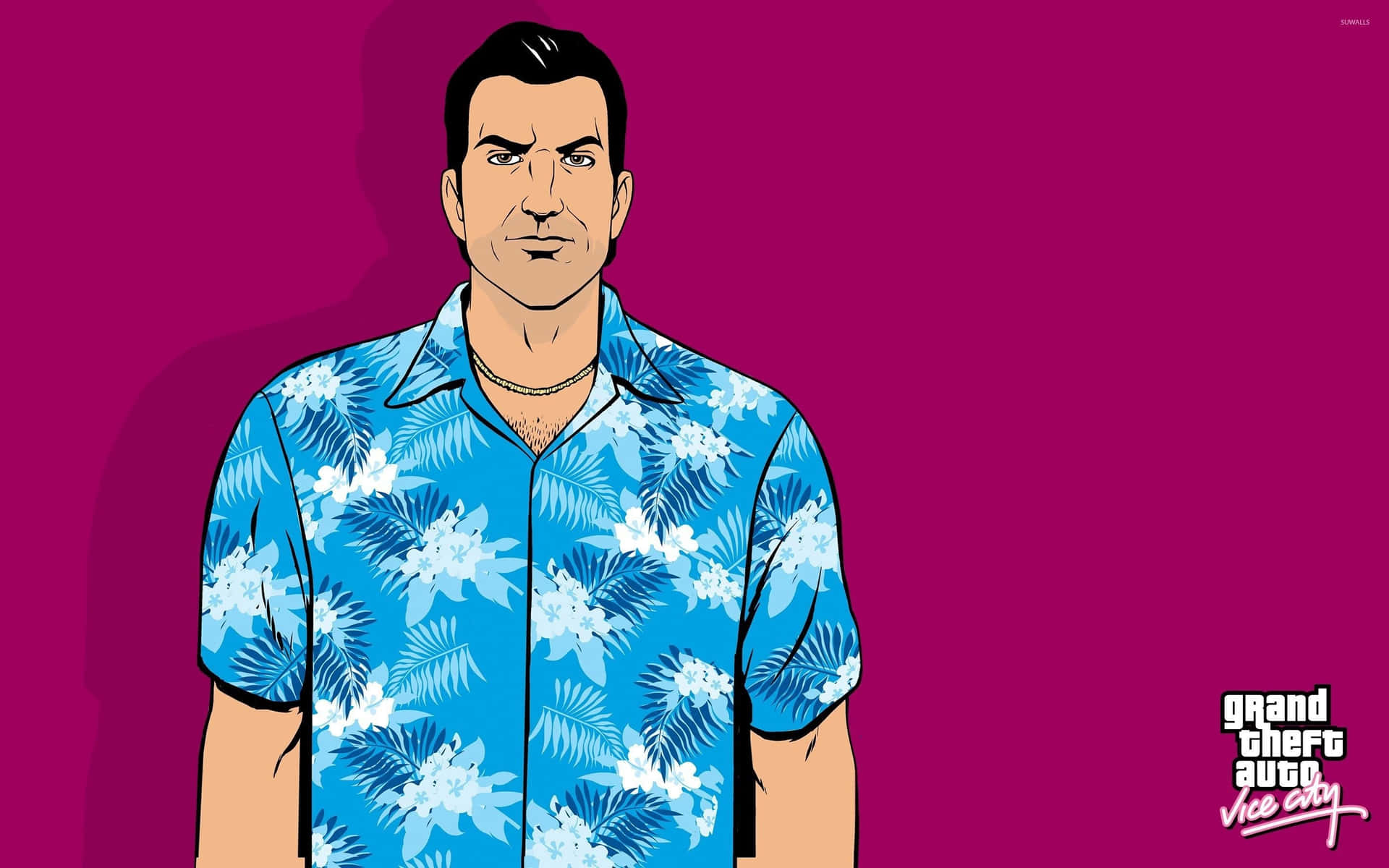 A Man In A Hawaiian Shirt Is Standing In Front Of A Purple Background Wallpaper