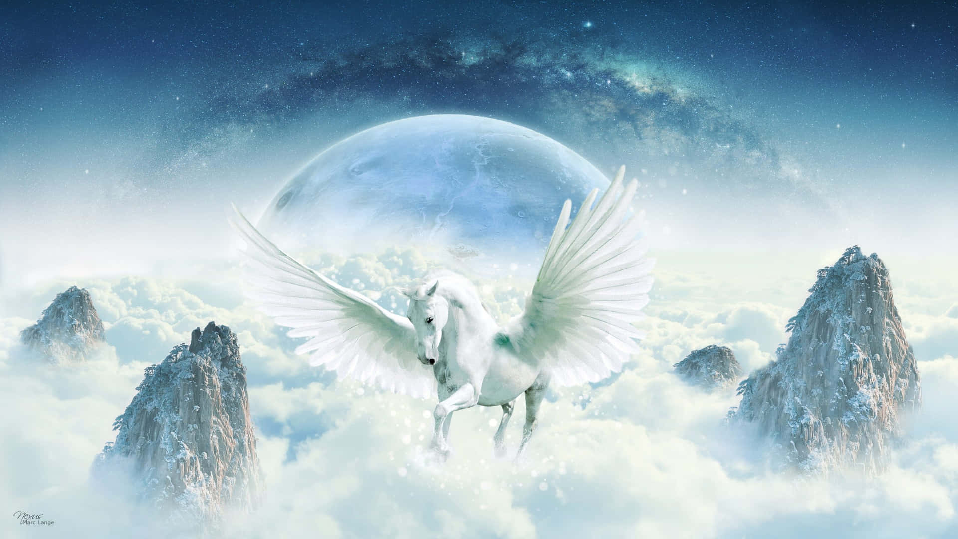 A White Unicorn Flying In The Clouds Wallpaper