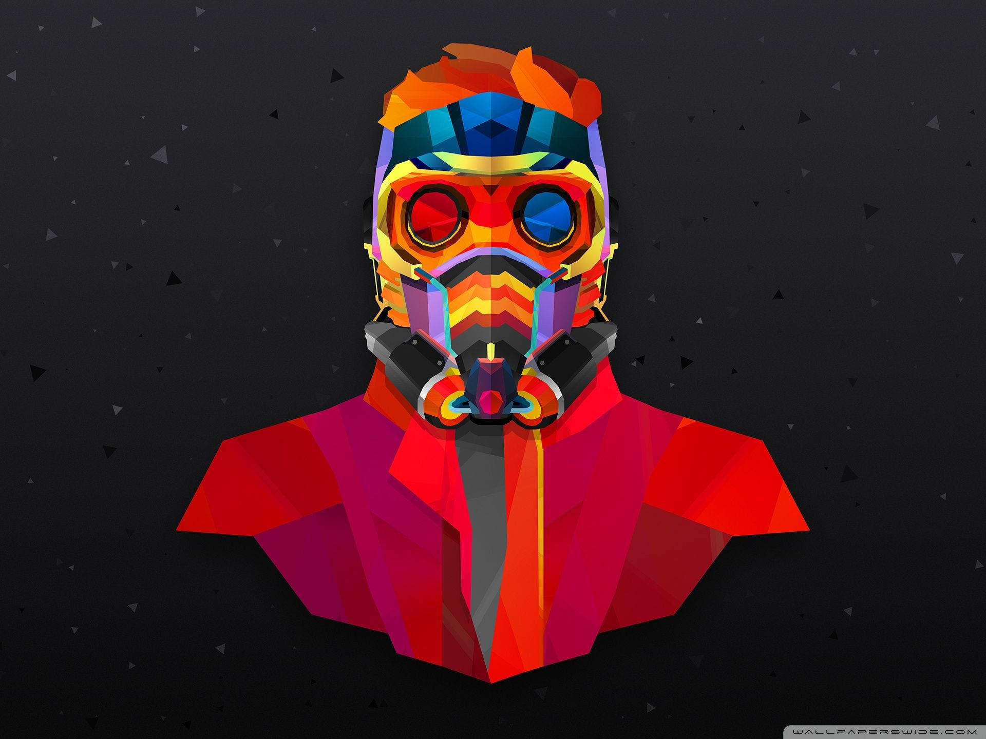 Abstract art of a man with mask and a red orange shirt in black background with triangles from Guardians of the galaxy.