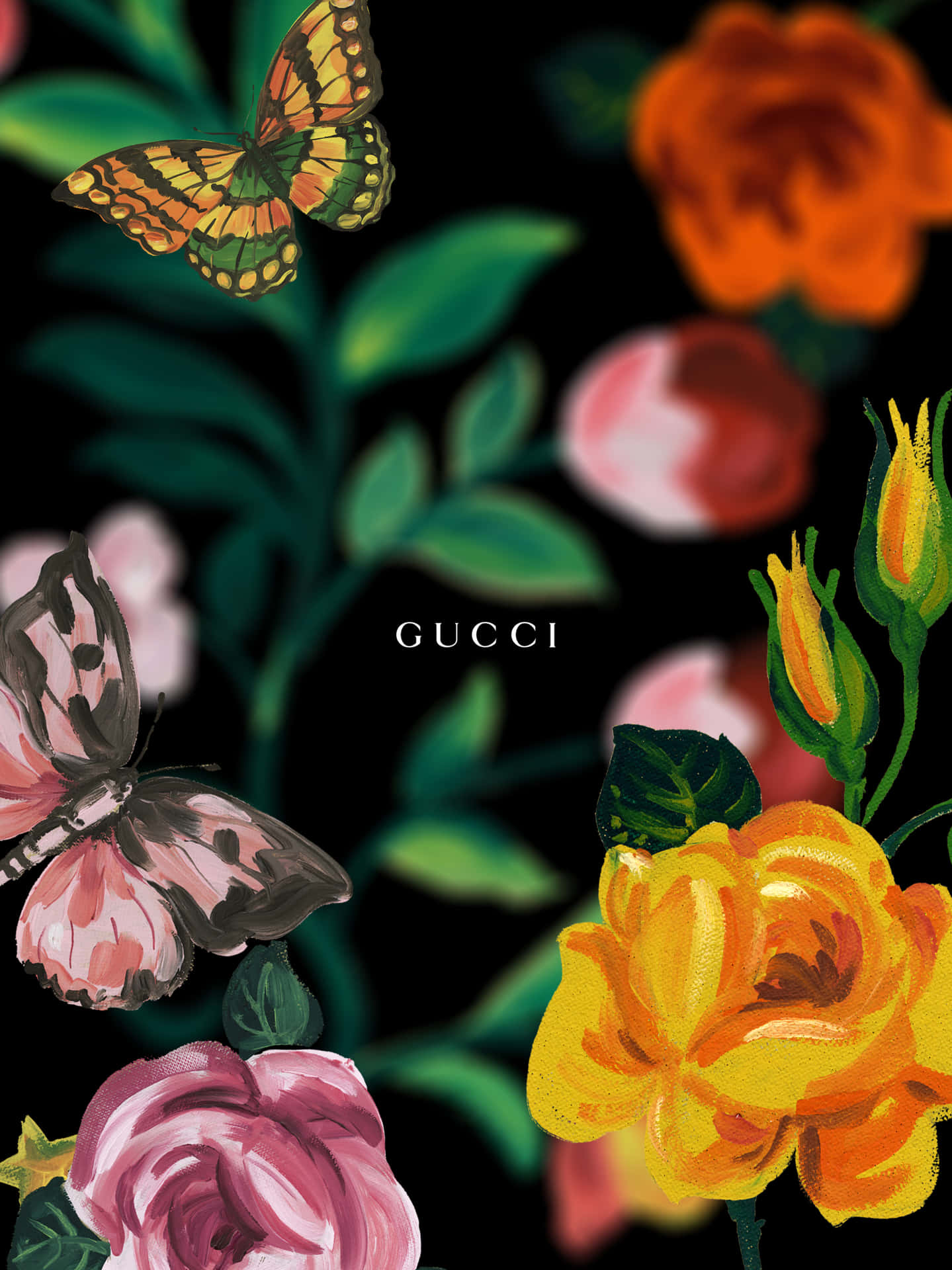 Guccihintergrundbild Mit Schmetterlingen Und Rosen Wallpaper