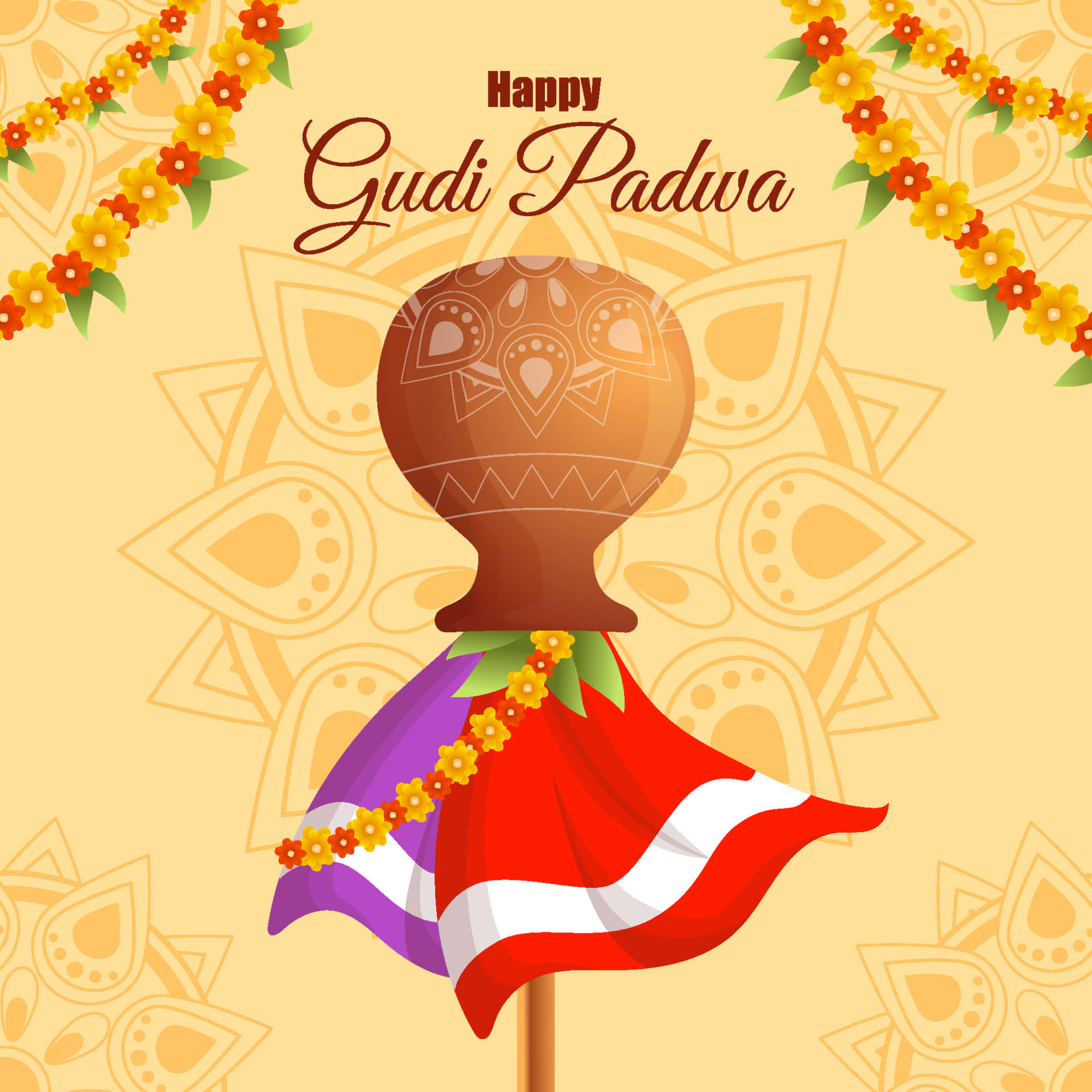 Happy Gudi Padwa With A Red Cloth And A Garland