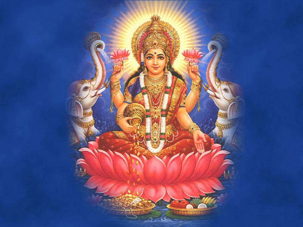 Gudinde Lakshmi Med Elefanter Blå Æstetisk Hd Wallpaper