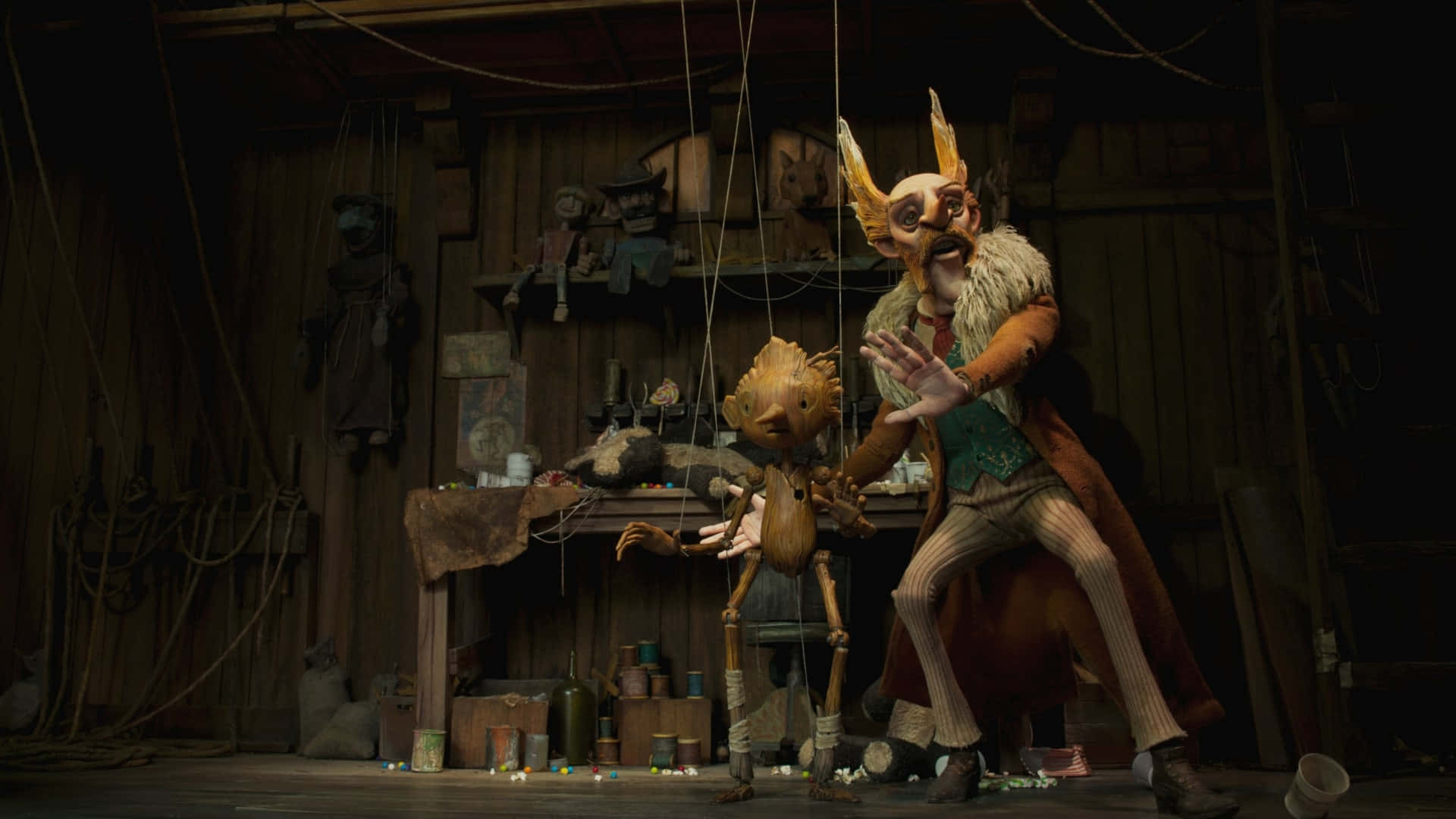 A magical moment between Pinocchio and a friendly cricket in Guillermo Del Toro's adaptation. Wallpaper